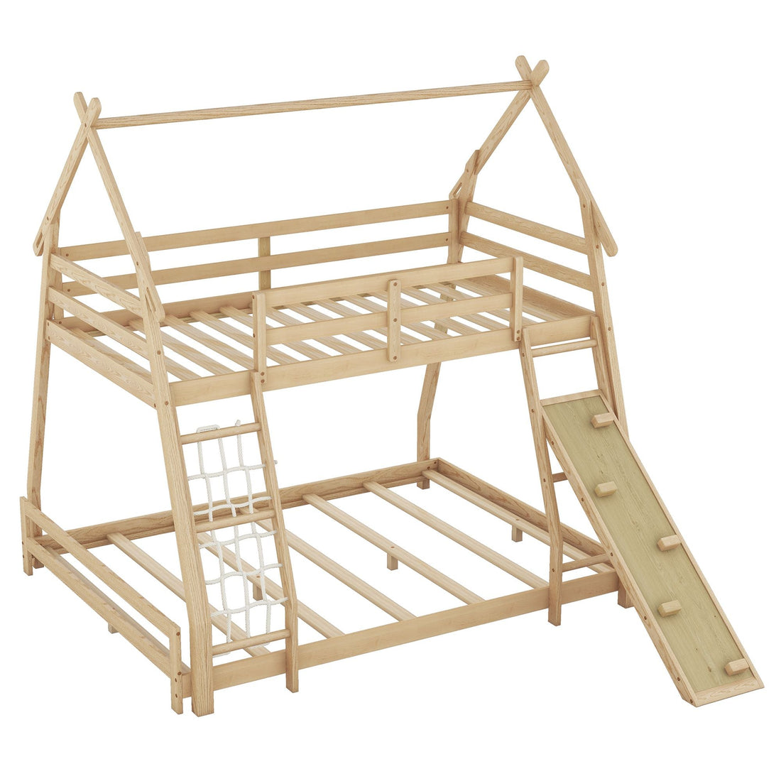 Imaginative Twin Over Queen Wood Bunk Bed with Climbing Nets and Ramp in Natural Finish | Just Better Bunk Beds - View 14