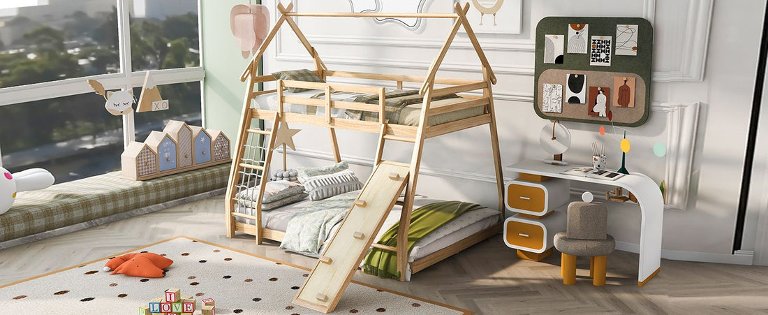 Imaginative Twin Over Queen Wood Bunk Bed with Climbing Nets and Ramp in Natural Finish | Just Better Bunk Beds - View 5