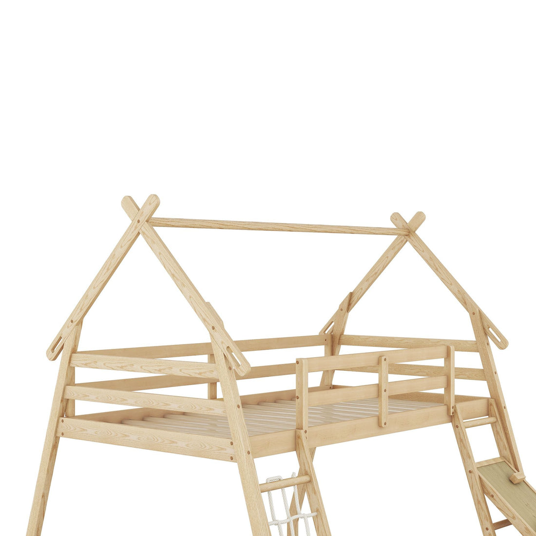 Imaginative Twin Over Queen Wood Bunk Bed with Climbing Nets and Ramp in Natural Finish | Just Better Bunk Beds - View 8