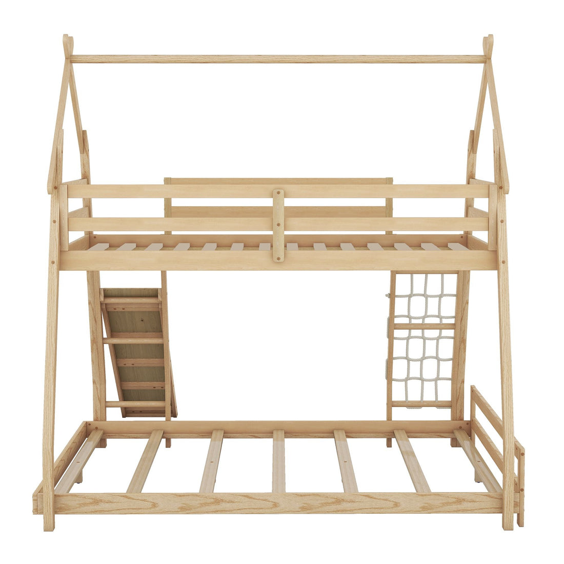 Imaginative Twin Over Queen Wood Bunk Bed with Climbing Nets and Ramp in Natural Finish | Just Better Bunk Beds - View 10