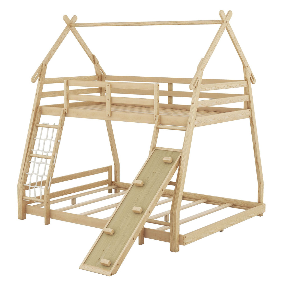Imaginative Twin Over Queen Wood Bunk Bed with Climbing Nets and Ramp in Natural Finish | Just Better Bunk Beds - View 13