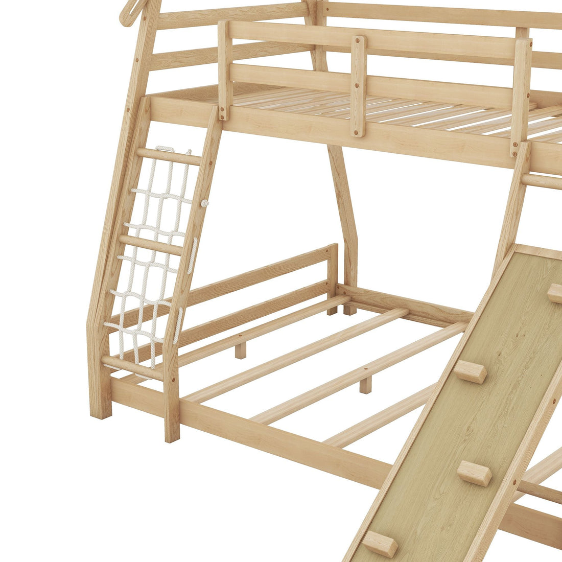Imaginative Twin Over Queen Wood Bunk Bed with Climbing Nets and Ramp in Natural Finish | Just Better Bunk Beds - View 11