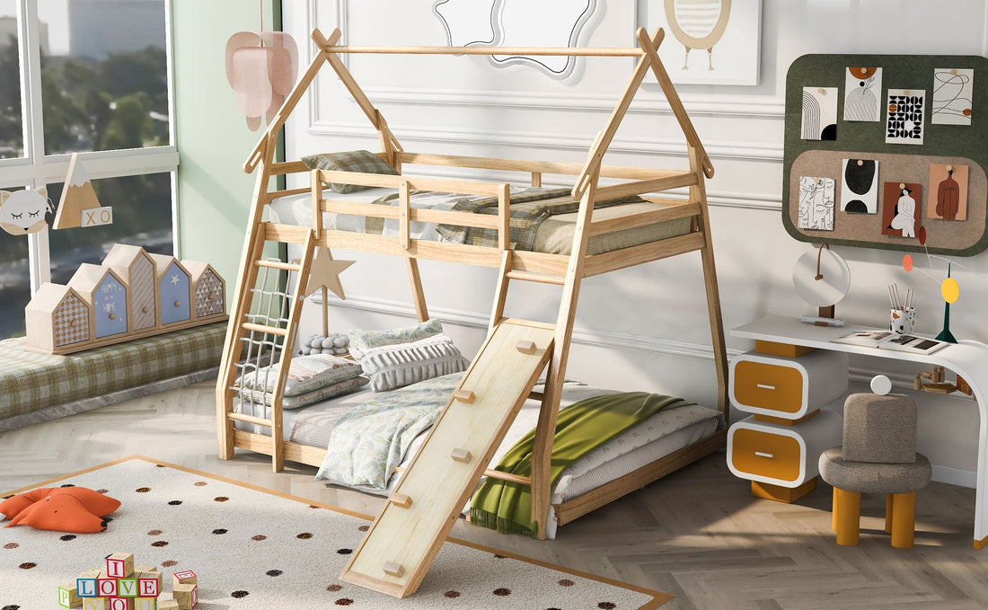 Imaginative Twin Over Queen Wood Bunk Bed with Climbing Nets and Ramp in Natural Finish | Just Better Bunk Beds - Assembly View