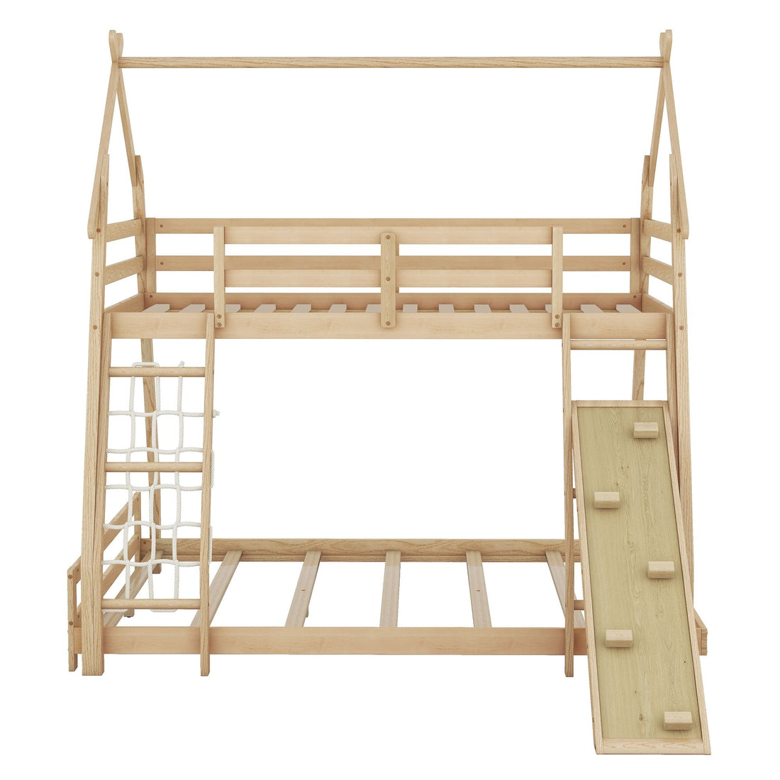 Imaginative Twin Over Queen Wood Bunk Bed with Climbing Nets and Ramp in Natural Finish | Just Better Bunk Beds - View 12