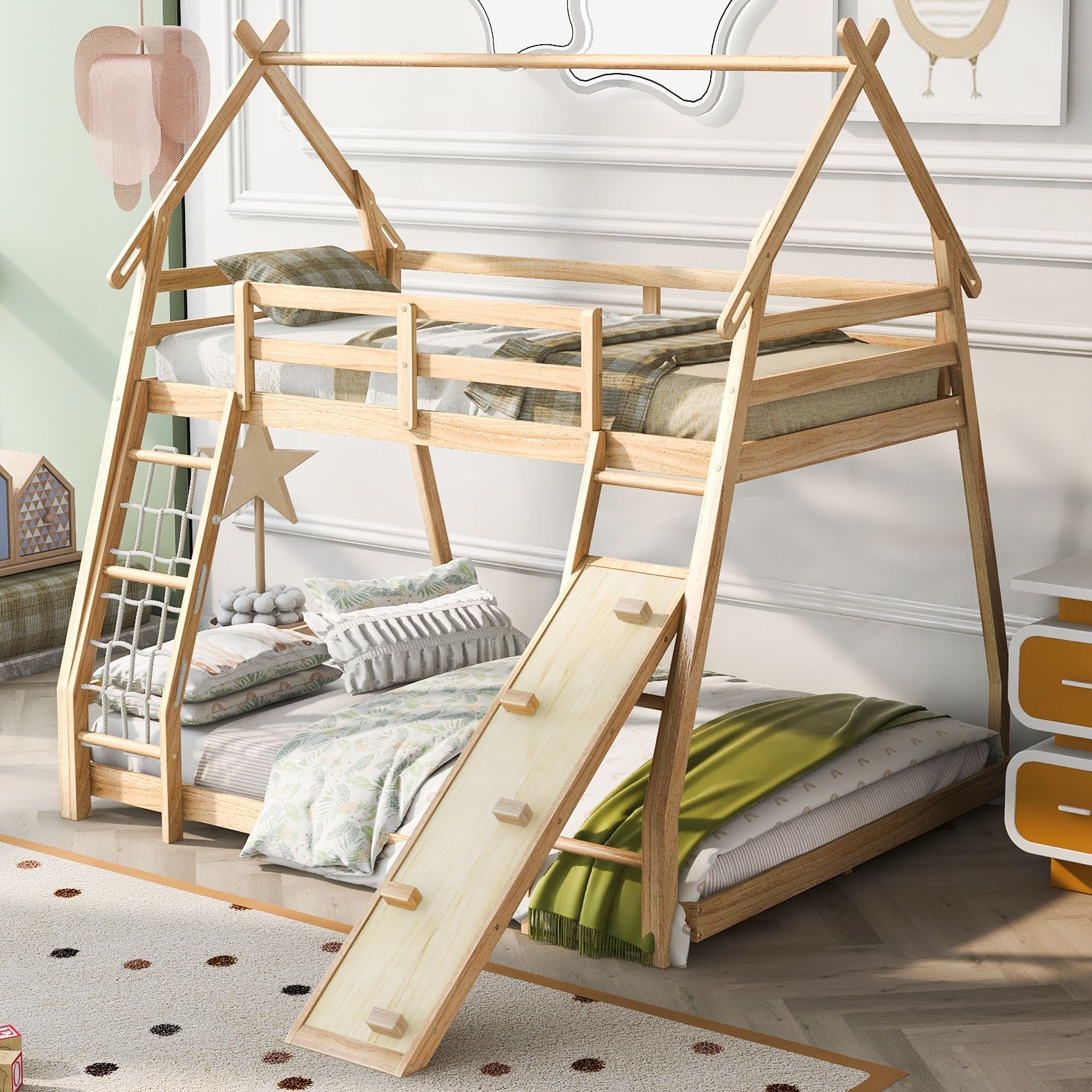 Imaginative Twin Over Queen Wood Bunk Bed with Climbing Nets and Ramp in Natural Finish | Just Better Bunk Beds - Front View
