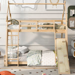 Imaginative Twin Over Queen Wood Bunk Bed with Climbing Nets and Ramp in Natural Finish | Just Better Bunk Beds - Side View