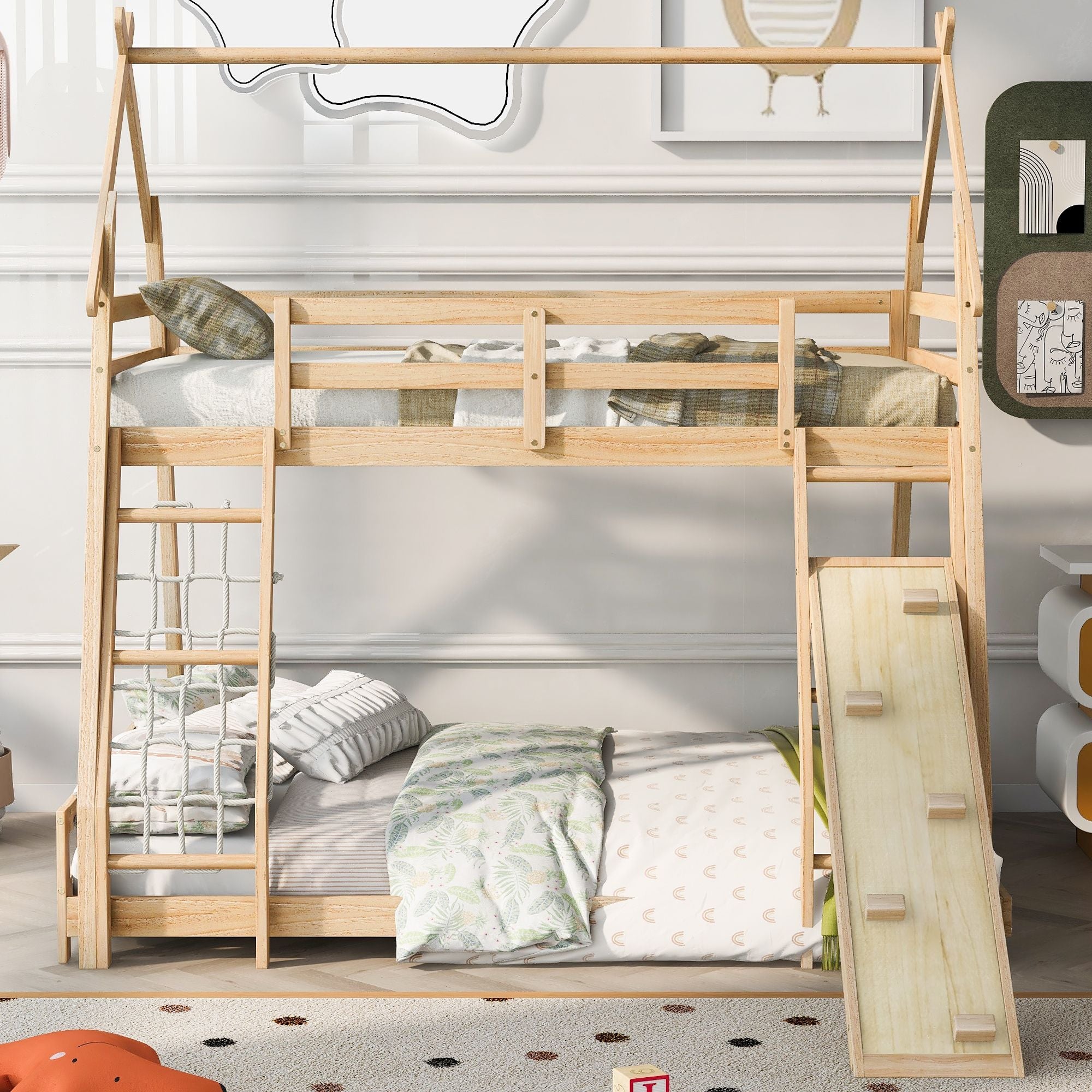 Imaginative Twin Over Queen Wood Bunk Bed with Climbing Nets and Ramp in Natural Finish | Just Better Bunk Beds - Side View