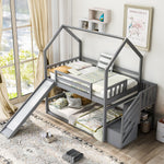 Imaginative Twin Over Twin Wood Bunk Bed with Convertible Slide and Storage Stairs, Gray | Just Better Bunk Beds - Detail View
