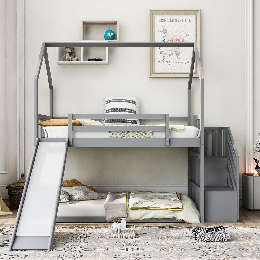 Imaginative Twin Over Twin Wood Bunk Bed with Convertible Slide and Storage Stairs, Gray | Just Better Bunk Beds - Assembly View