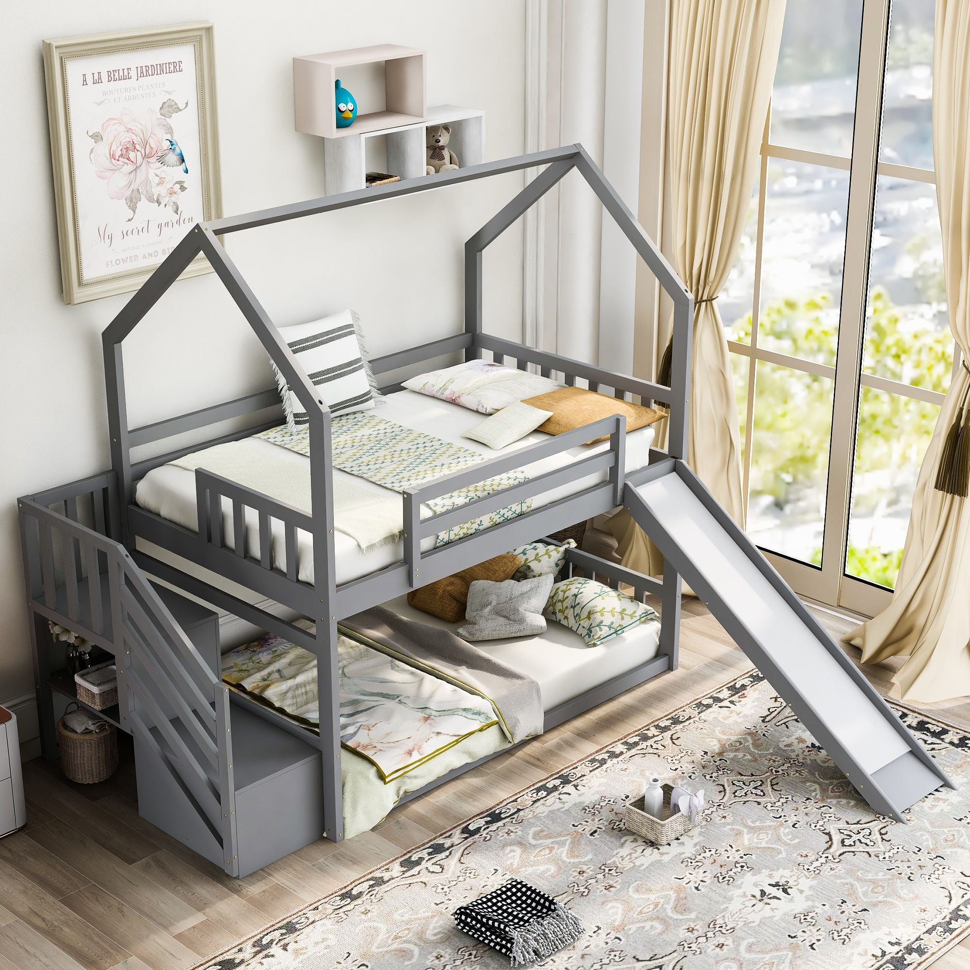 Twin over Twin House Bunk Bed with Convertible Slide,Storage Staircase can be Placed Left or Right,Gray | Just Better Bunk Beds
