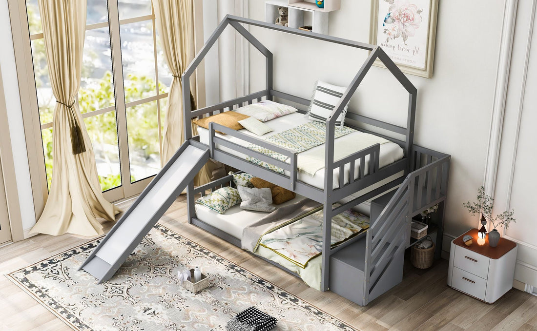 Imaginative Twin Over Twin Wood Bunk Bed with Convertible Slide and Storage Stairs, Gray | Just Better Bunk Beds - View 5