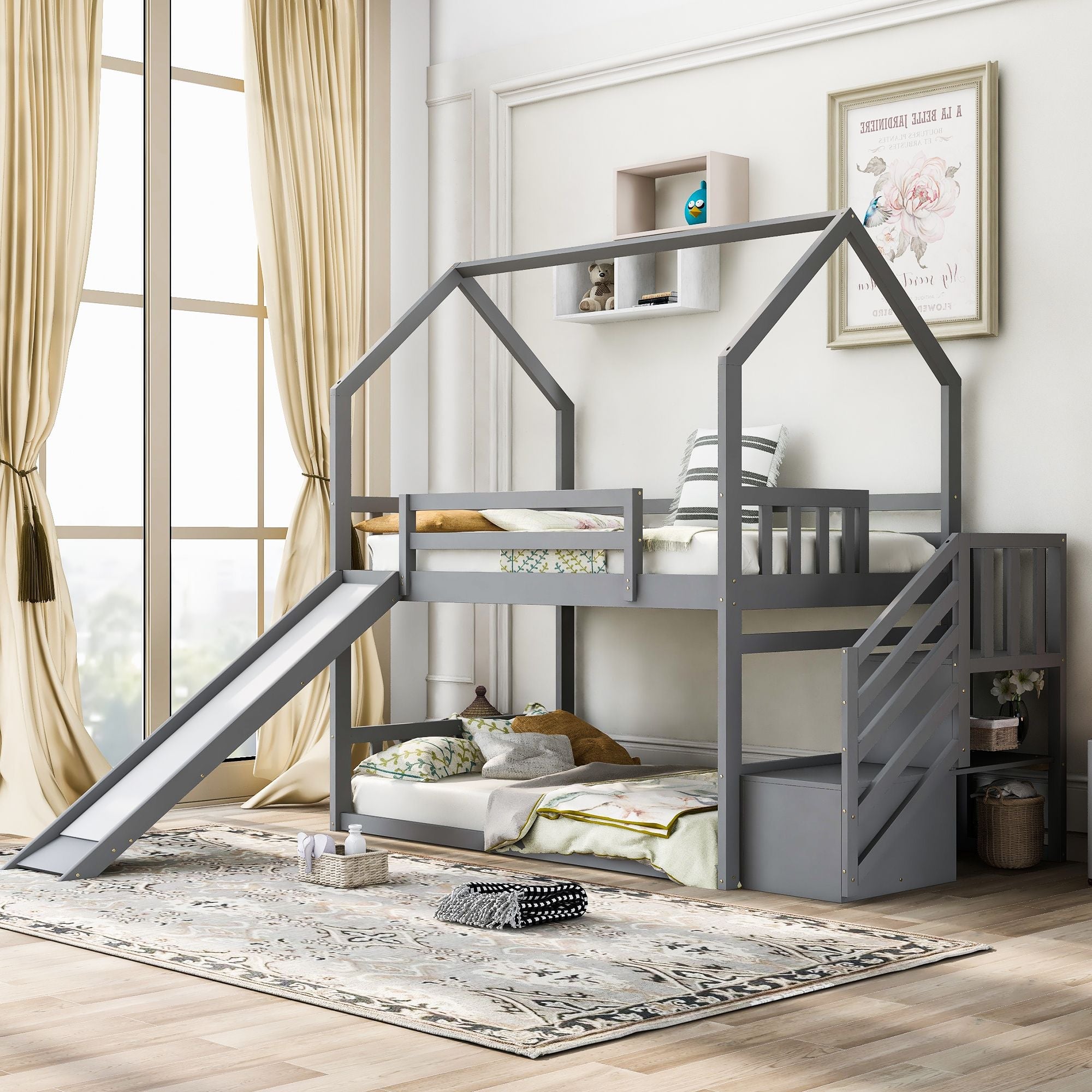 Imaginative Twin Over Twin Wood Bunk Bed with Convertible Slide and Storage Stairs, Gray | Just Better Bunk Beds - Side View