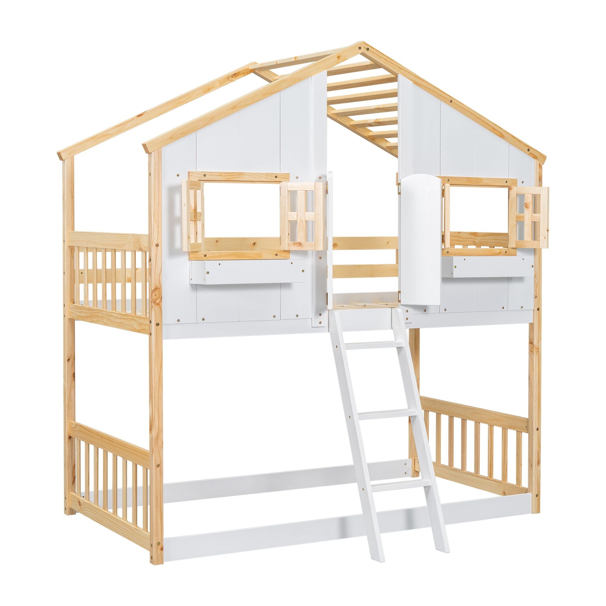 Imaginative Twin Over Twin Wood House Bunk Bed with Roof, Window, Door, Ladder in Multiple Colors | Just Better Bunk Beds - Side View