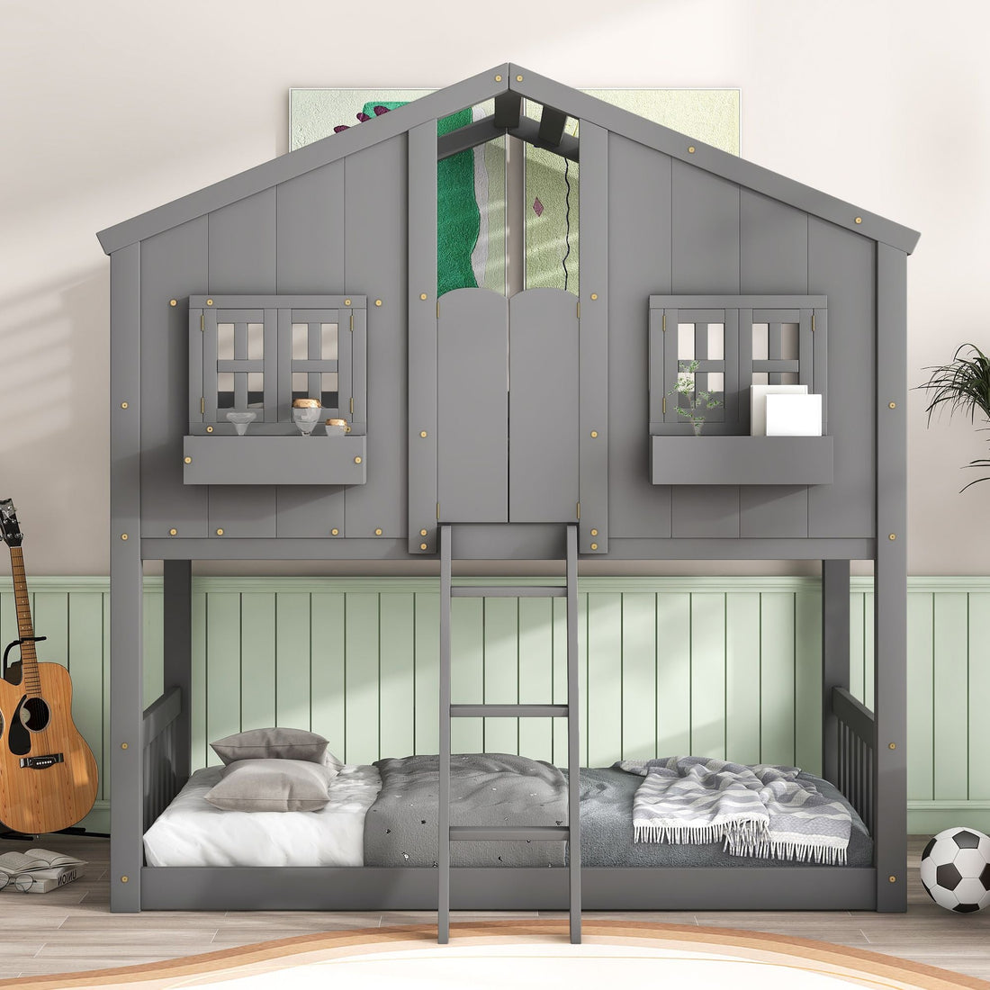 Imaginative Twin Over Twin Wood House Bunk Bed with Roof, Window, Door, Ladder in Multiple Colors | Just Better Bunk Beds - View 41