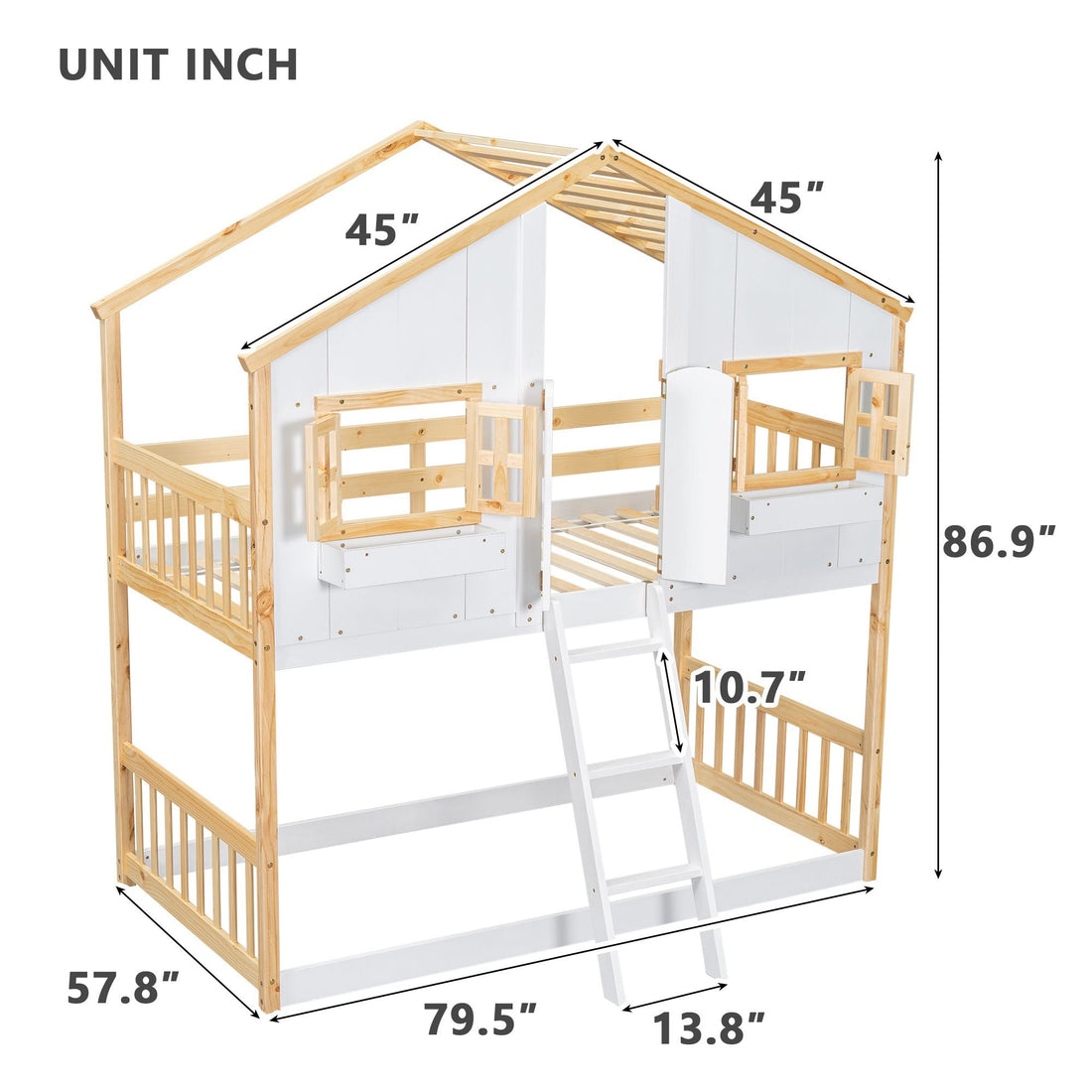 Imaginative Twin Over Twin Wood House Bunk Bed with Roof, Window, Door, Ladder in Multiple Colors | Just Better Bunk Beds - View 19