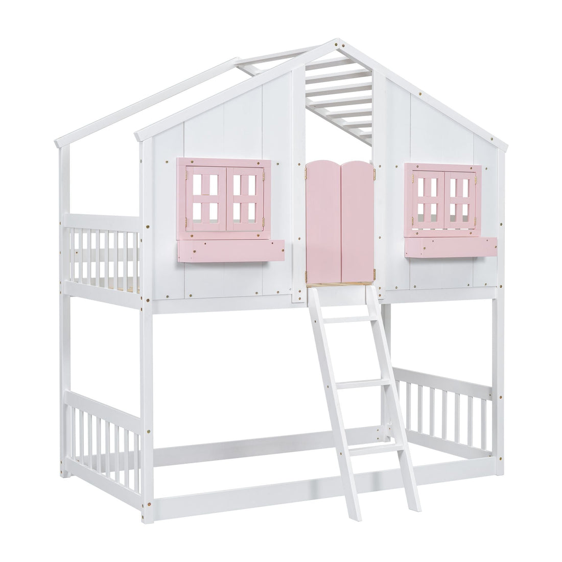 Imaginative Twin Over Twin Wood House Bunk Bed with Roof, Window, Door, Ladder in Multiple Colors | Just Better Bunk Beds - View 31
