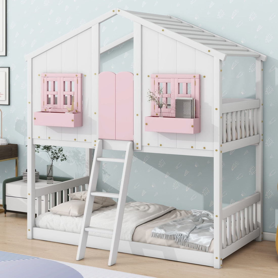 Imaginative Twin Over Twin Wood House Bunk Bed with Roof, Window, Door, Ladder in Multiple Colors | Just Better Bunk Beds - View 35