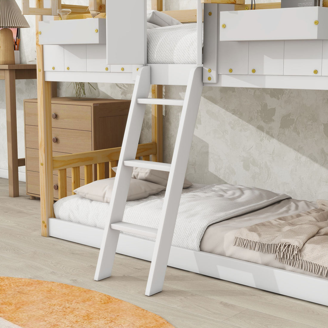 Imaginative Twin Over Twin Wood House Bunk Bed with Roof, Window, Door, Ladder in Multiple Colors | Just Better Bunk Beds - Assembly View