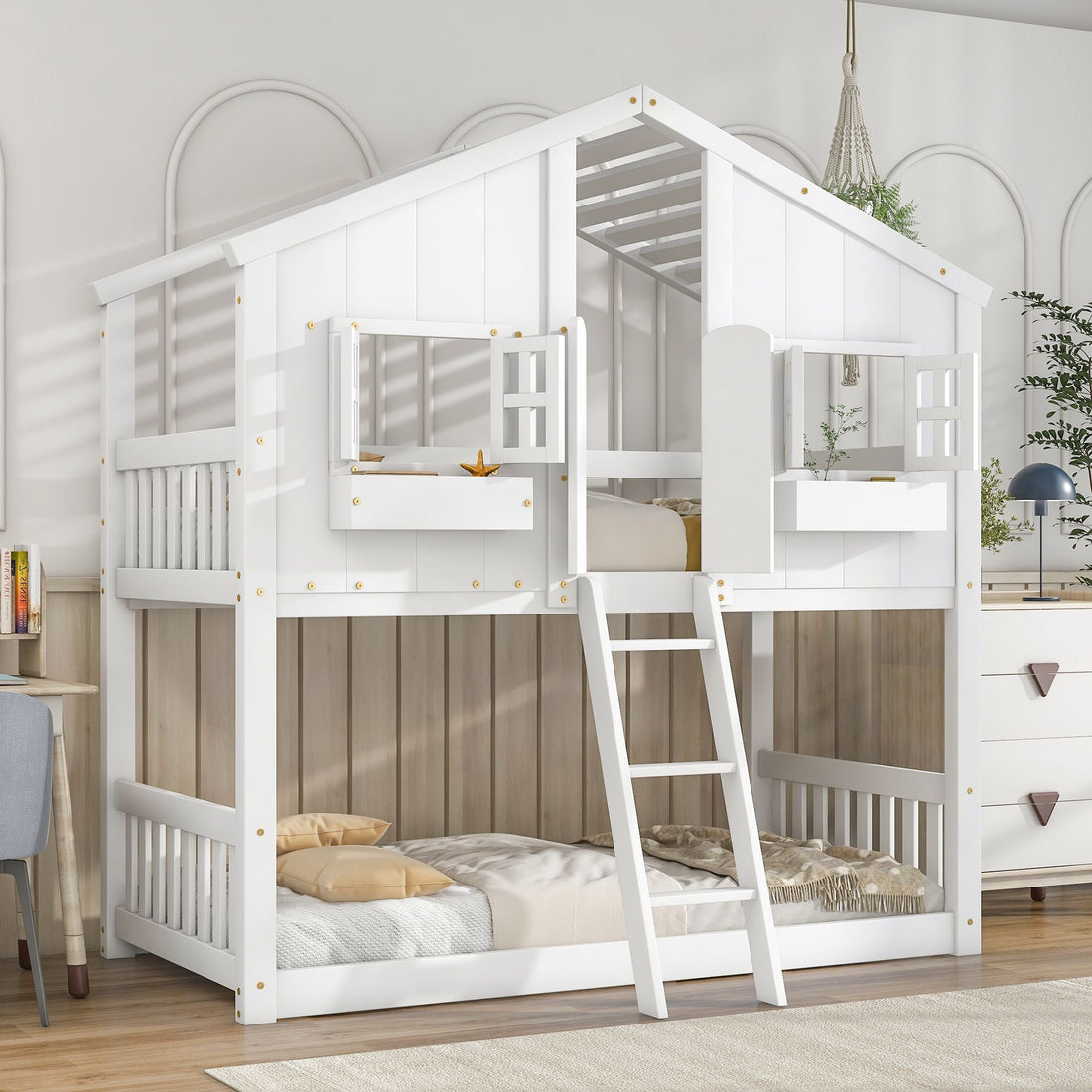 Imaginative Twin Over Twin Wood House Bunk Bed with Roof, Window, Door, Ladder in Multiple Colors | Just Better Bunk Beds - View 64