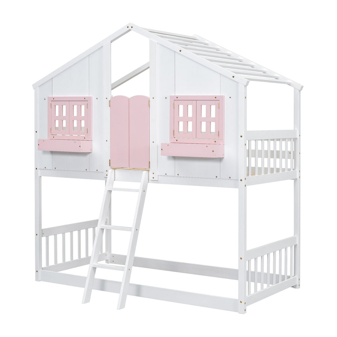 Imaginative Twin Over Twin Wood House Bunk Bed with Roof, Window, Door, Ladder in Multiple Colors | Just Better Bunk Beds - View 38
