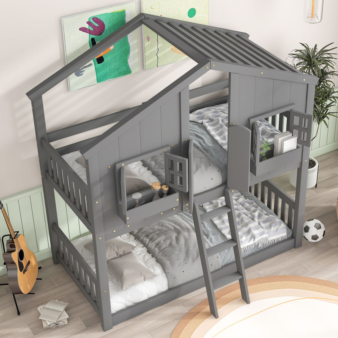 Imaginative Twin Over Twin Wood House Bunk Bed with Roof, Window, Door, Ladder in Multiple Colors | Just Better Bunk Beds - View 50