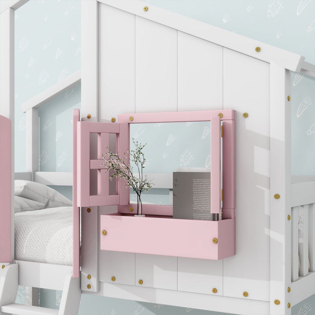 Imaginative Twin Over Twin Wood House Bunk Bed with Roof, Window, Door, Ladder in Multiple Colors | Just Better Bunk Beds - View 23