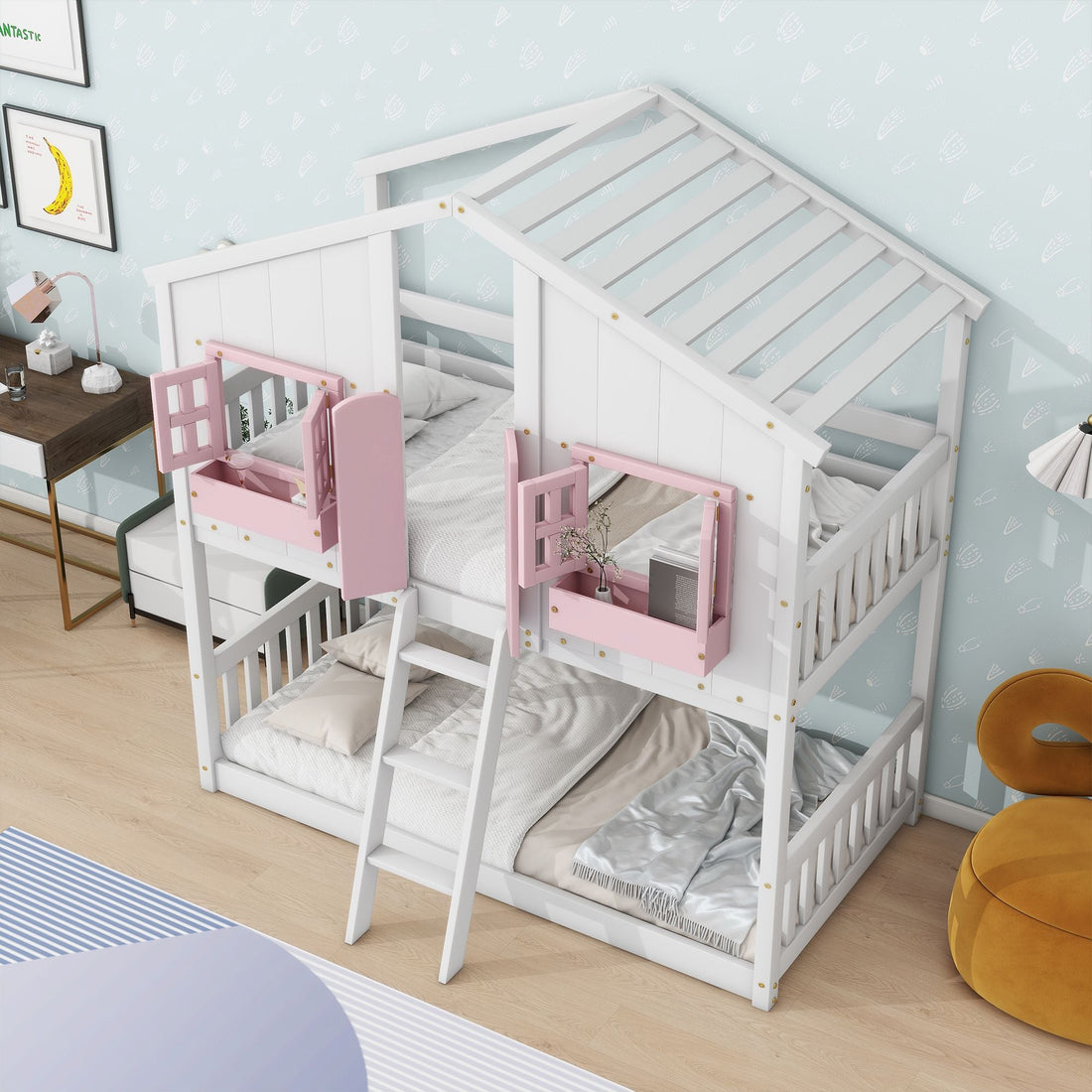 Imaginative Twin Over Twin Wood House Bunk Bed with Roof, Window, Door, Ladder in Multiple Colors | Just Better Bunk Beds - View 26