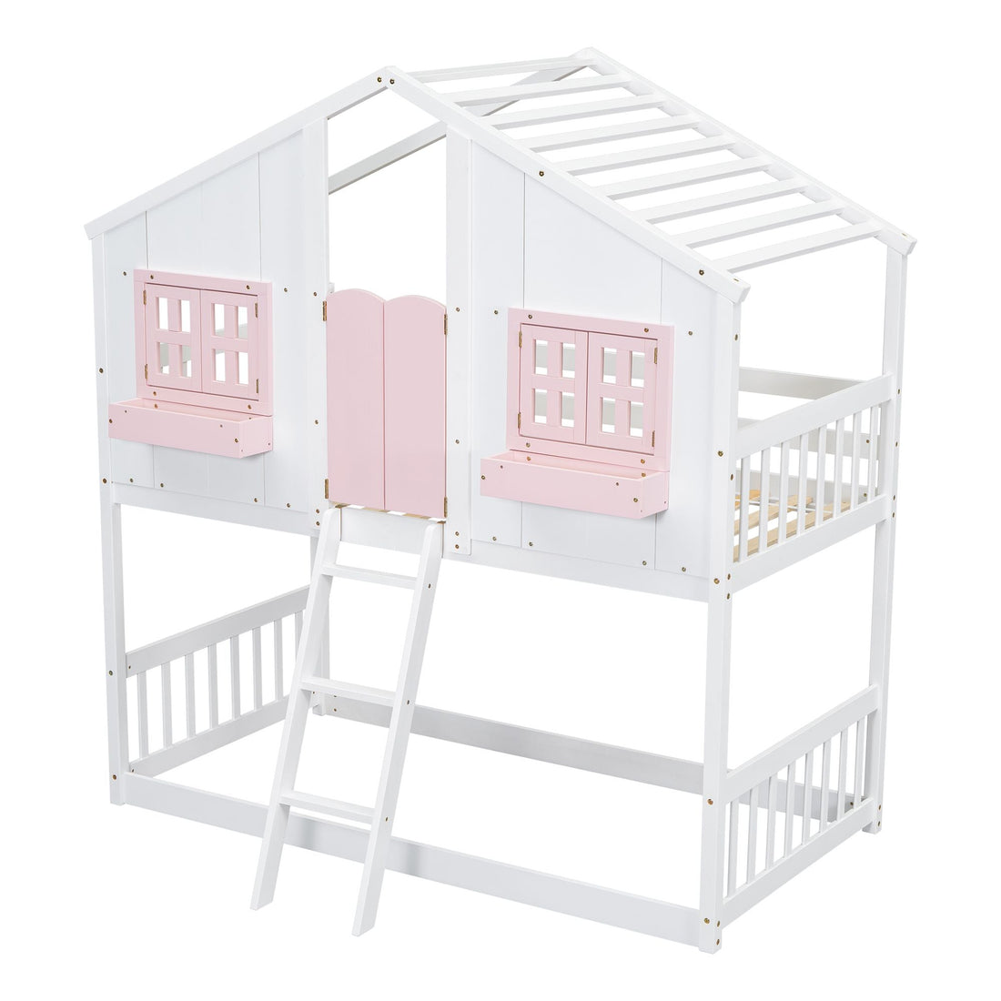 Imaginative Twin Over Twin Wood House Bunk Bed with Roof, Window, Door, Ladder in Multiple Colors | Just Better Bunk Beds - View 27