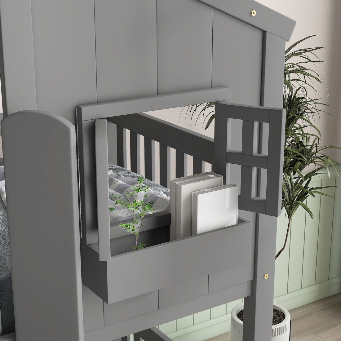 Imaginative Twin Over Twin Wood House Bunk Bed with Roof, Window, Door, Ladder in Multiple Colors | Just Better Bunk Beds - View 43