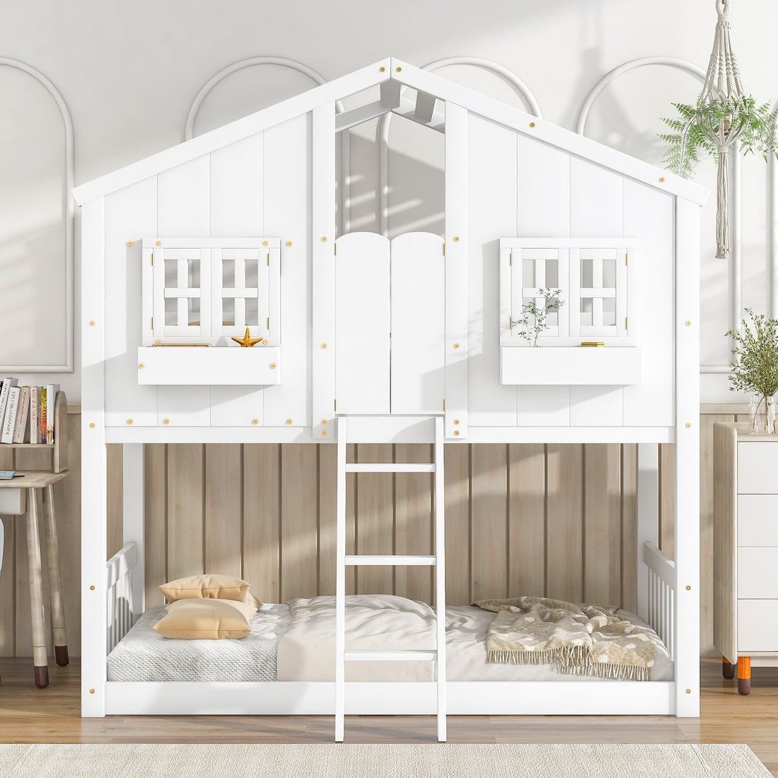 Imaginative Twin Over Twin Wood House Bunk Bed with Roof, Window, Door, Ladder in Multiple Colors | Just Better Bunk Beds - View 61
