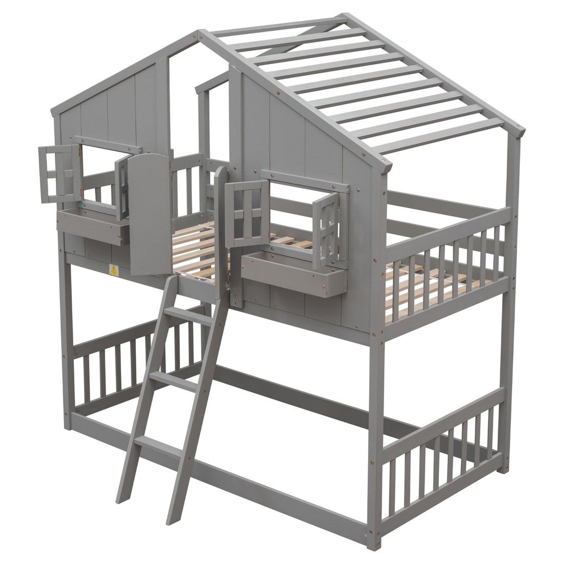 Imaginative Twin Over Twin Wood House Bunk Bed with Roof, Window, Door, Ladder in Multiple Colors | Just Better Bunk Beds - View 52