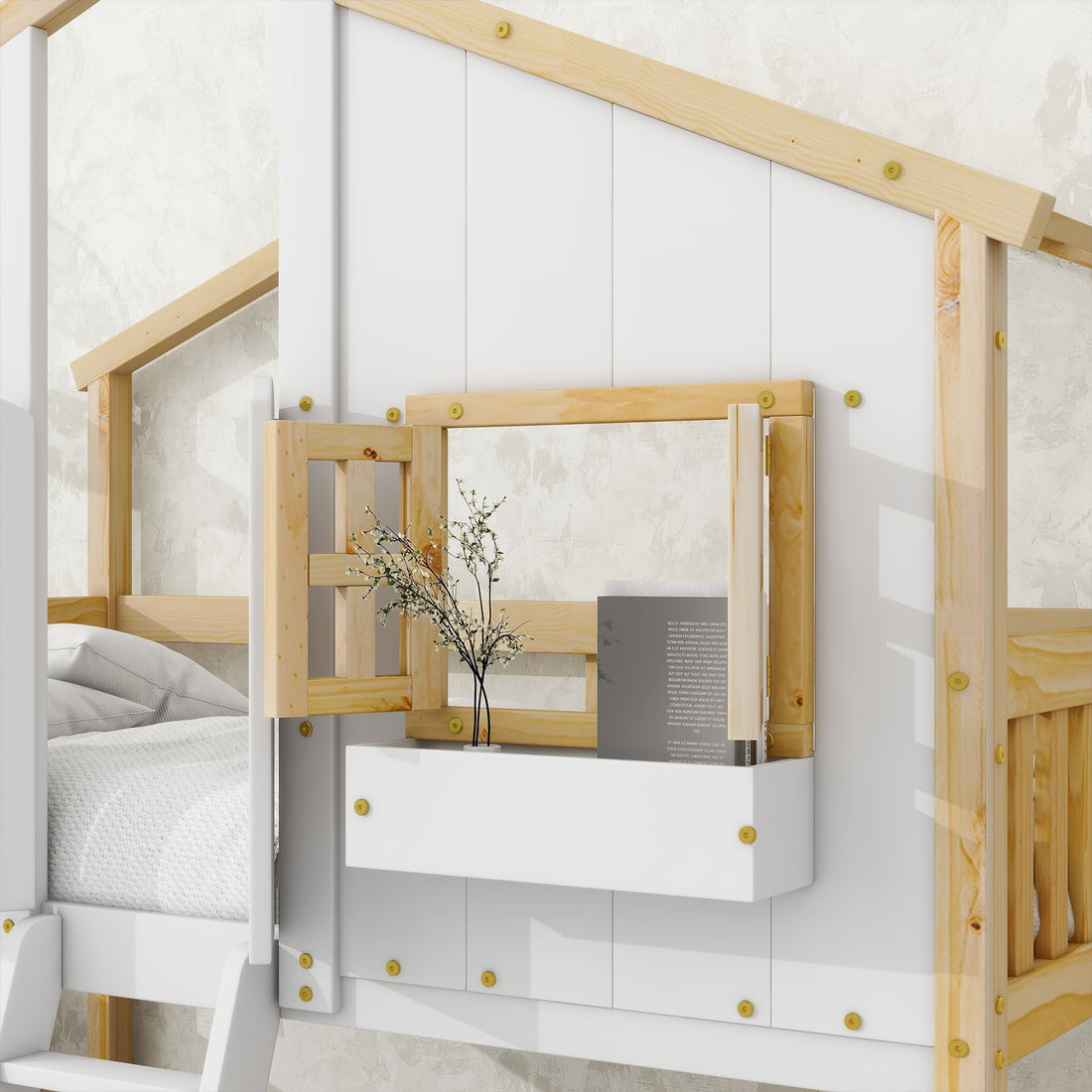 Imaginative Twin Over Twin Wood House Bunk Bed with Roof, Window, Door, Ladder in Multiple Colors | Just Better Bunk Beds - View 13
