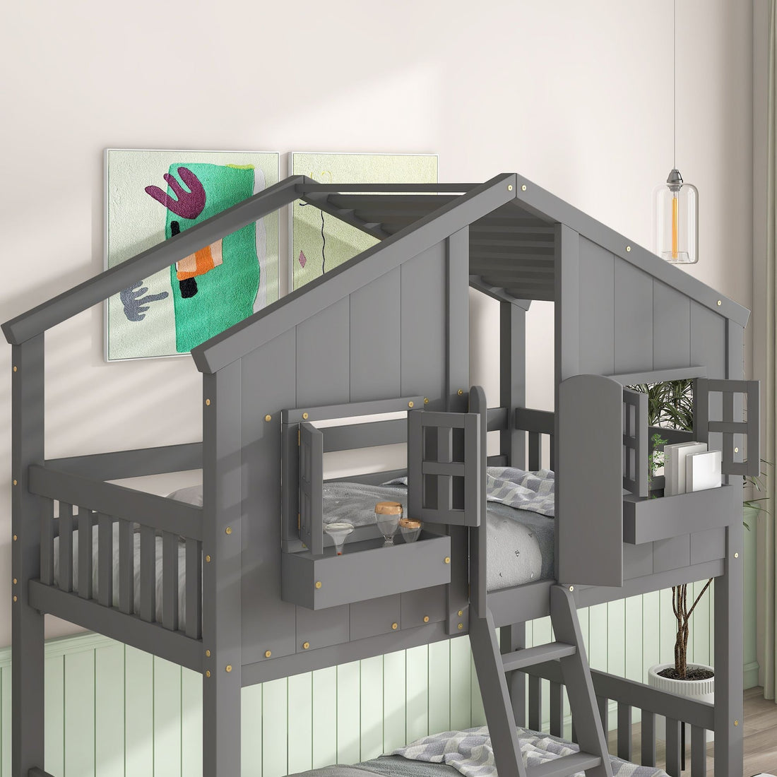 Imaginative Twin Over Twin Wood House Bunk Bed with Roof, Window, Door, Ladder in Multiple Colors | Just Better Bunk Beds - View 54