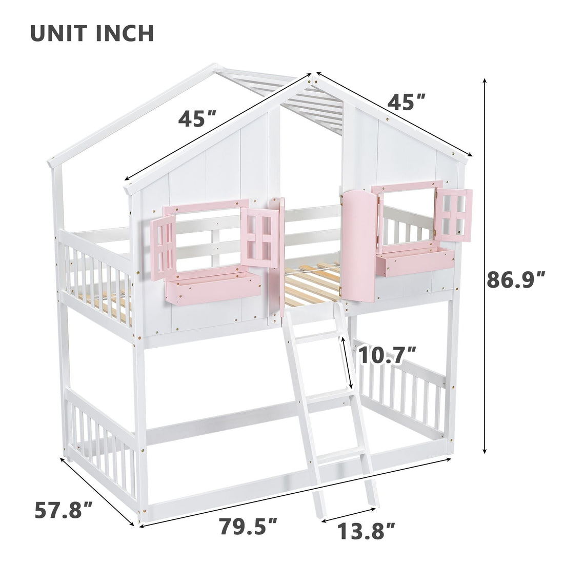 Imaginative Twin Over Twin Wood House Bunk Bed with Roof, Window, Door, Ladder in Multiple Colors | Just Better Bunk Beds - View 40