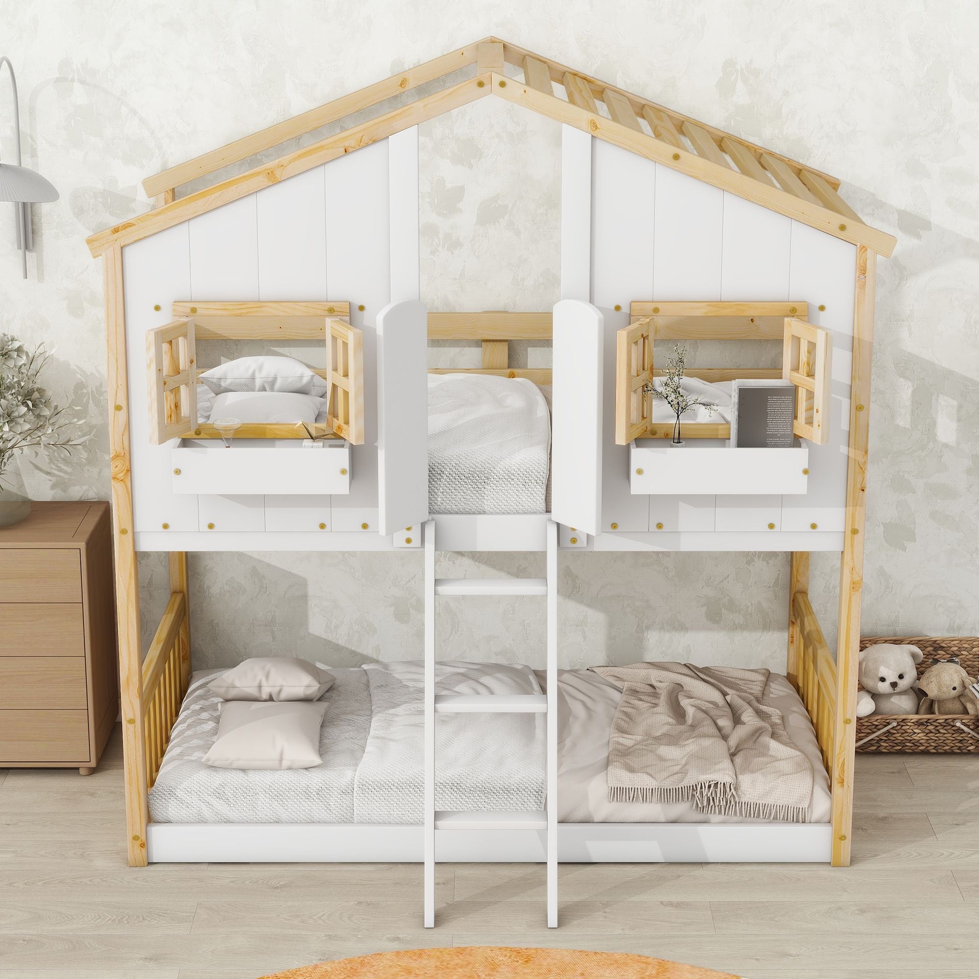 Imaginative Twin Over Twin Wood House Bunk Bed with Roof, Window, Door, Ladder in Multiple Colors | Just Better Bunk Beds - Front View
