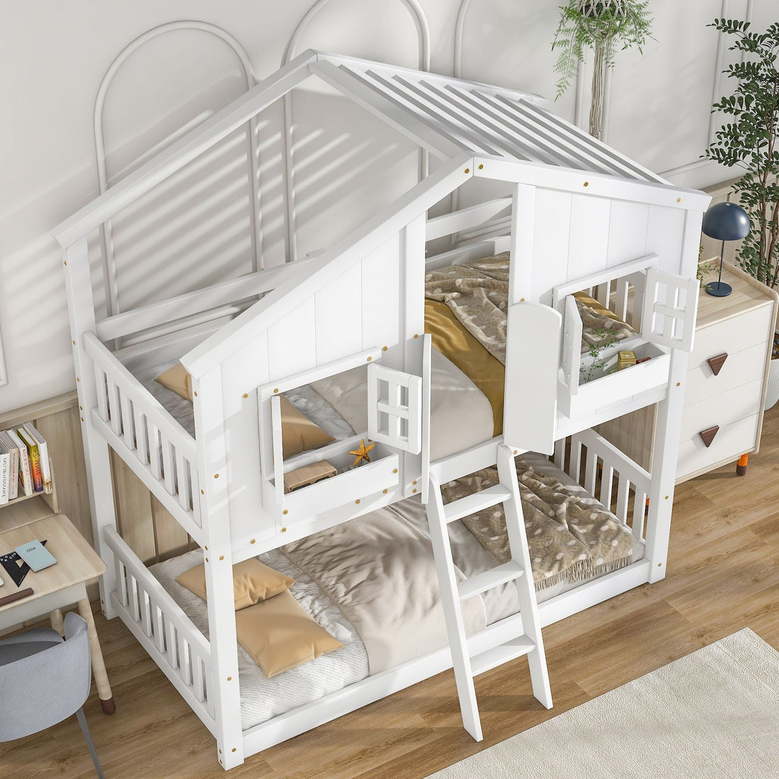 Imaginative Twin Over Twin Wood House Bunk Bed with Roof, Window, Door, Ladder in Multiple Colors | Just Better Bunk Beds - View 65
