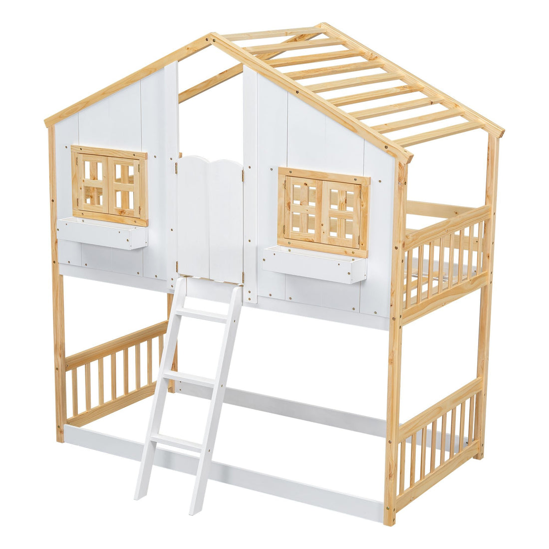 Imaginative Twin Over Twin Wood House Bunk Bed with Roof, Window, Door, Ladder in Multiple Colors | Just Better Bunk Beds - View 9