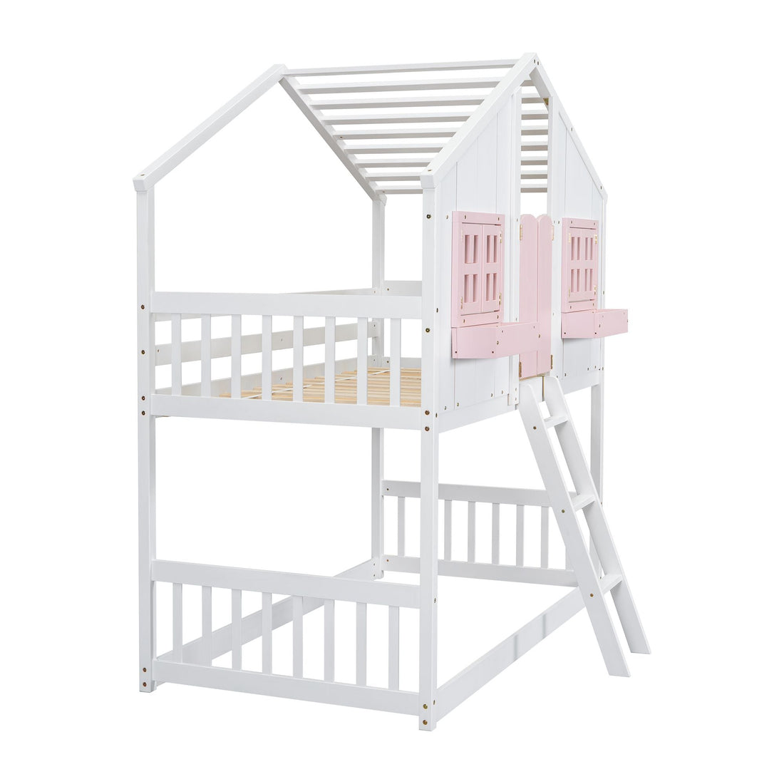 Imaginative Twin Over Twin Wood House Bunk Bed with Roof, Window, Door, Ladder in Multiple Colors | Just Better Bunk Beds - View 39