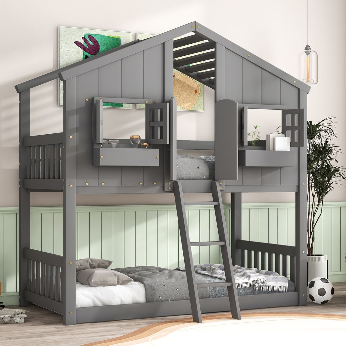 Imaginative Twin Over Twin Wood House Bunk Bed with Roof, Window, Door, Ladder in Multiple Colors | Just Better Bunk Beds - View 49