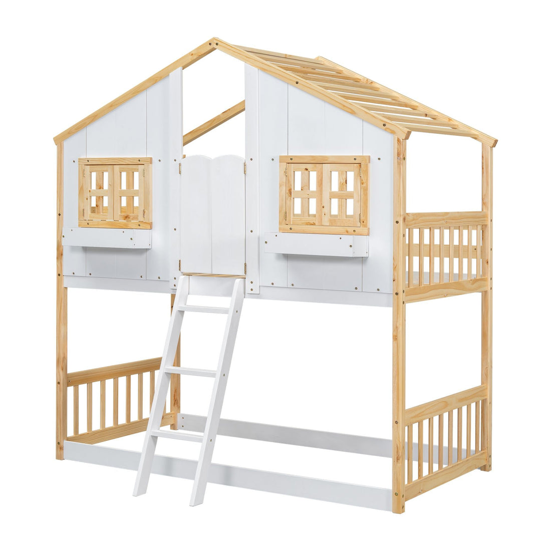 Imaginative Twin Over Twin Wood House Bunk Bed with Roof, Window, Door, Ladder in Multiple Colors | Just Better Bunk Beds - View 11