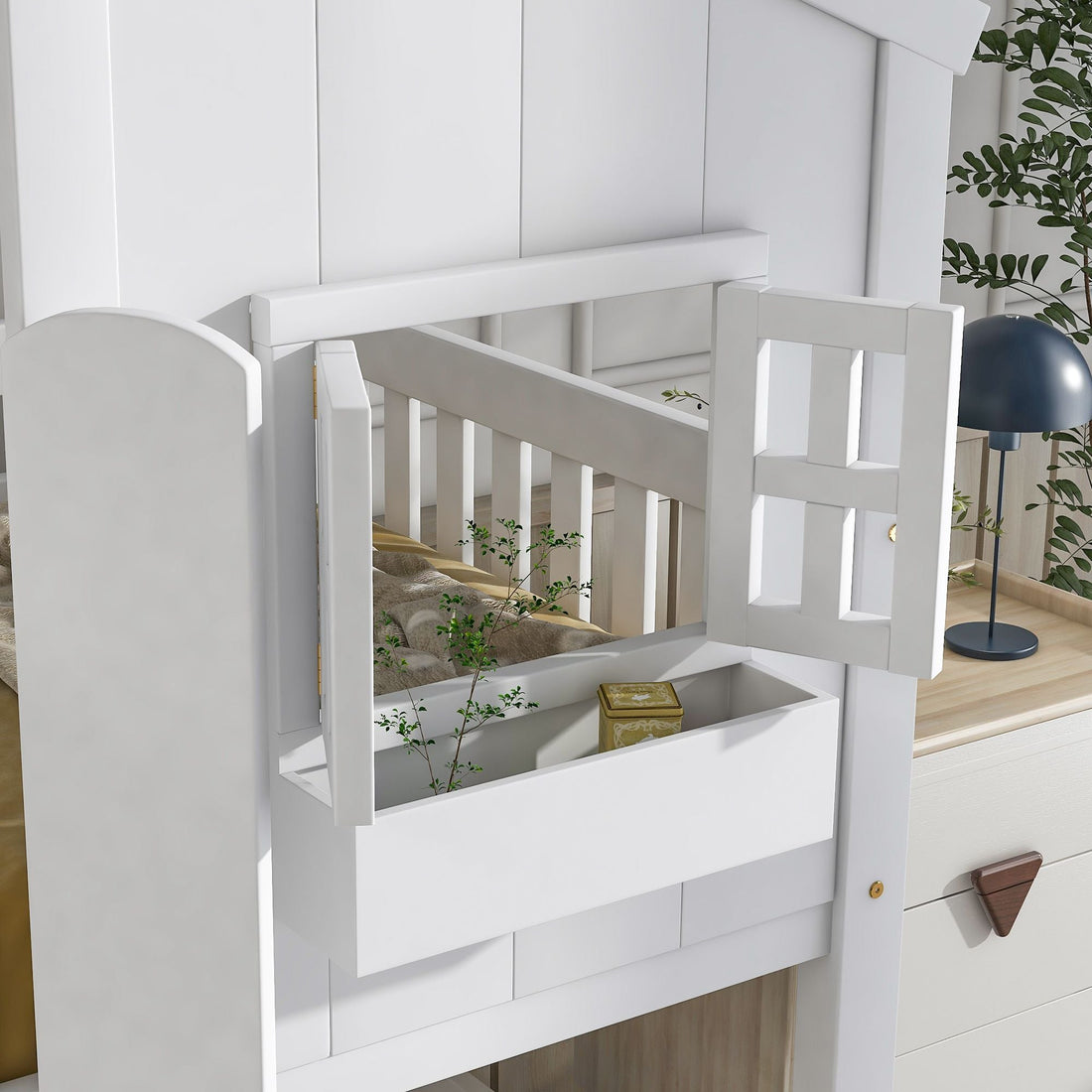 Imaginative Twin Over Twin Wood House Bunk Bed with Roof, Window, Door, Ladder in Multiple Colors | Just Better Bunk Beds - View 66