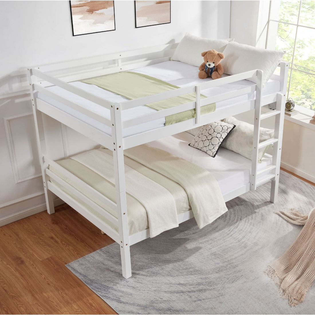 Kids Shared Room Full Over Full Wood Bunk Bed with High Guardrail Ladder White | Just Better Bunk Beds - Detail View