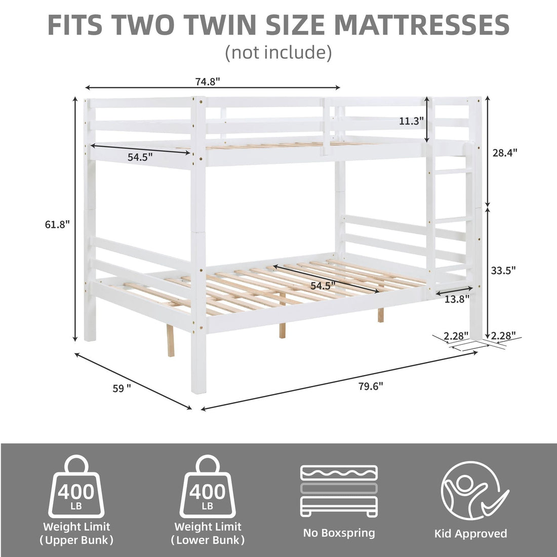 Kids Shared Room Full Over Full Wood Bunk Bed with High Guardrail Ladder White | Just Better Bunk Beds - View 6