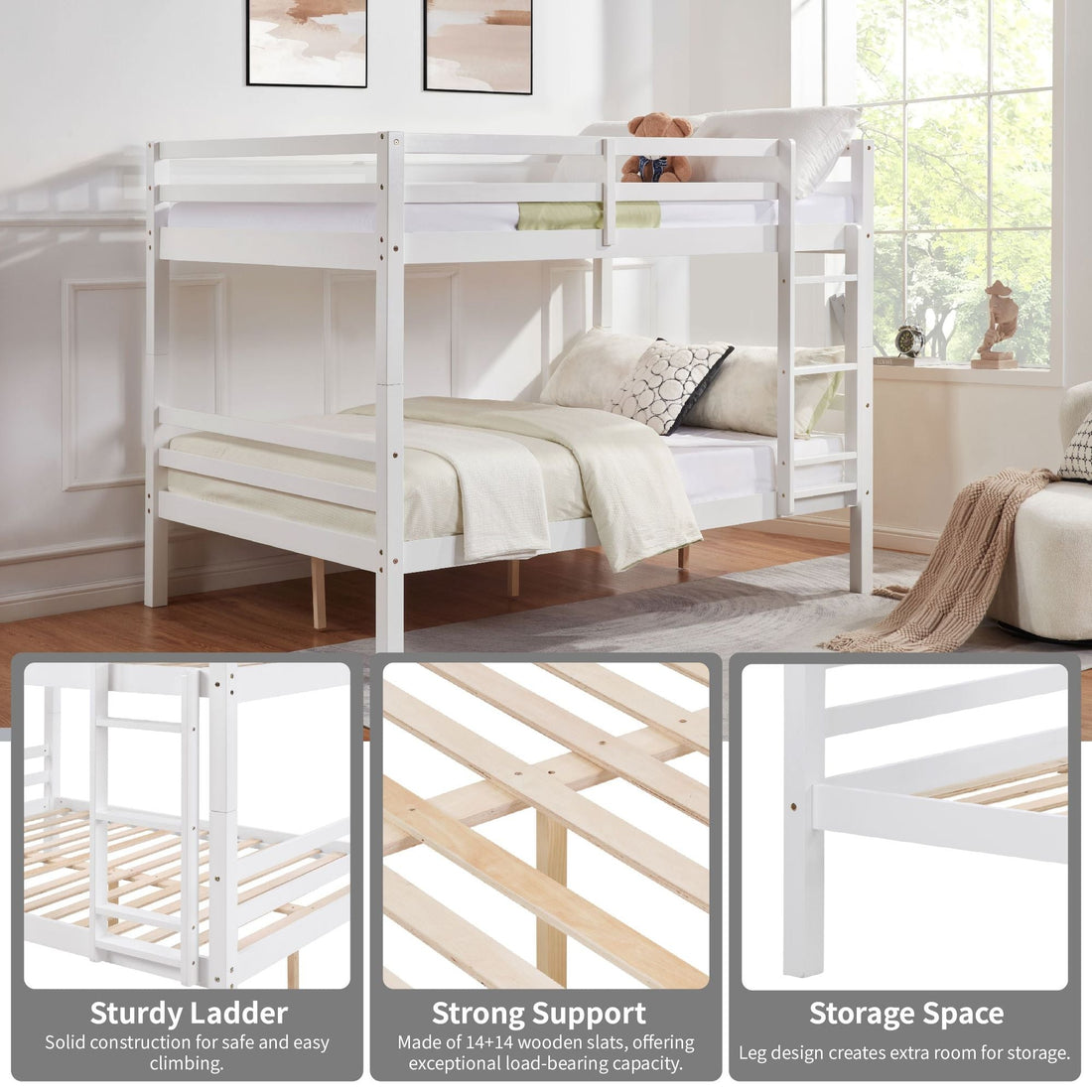 Kids Shared Room Full Over Full Wood Bunk Bed with High Guardrail Ladder White | Just Better Bunk Beds - Assembly View