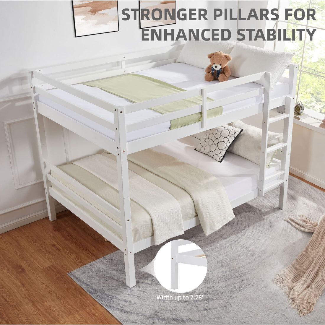 Kids Shared Room Full Over Full Wood Bunk Bed with High Guardrail Ladder White | Just Better Bunk Beds - View 5