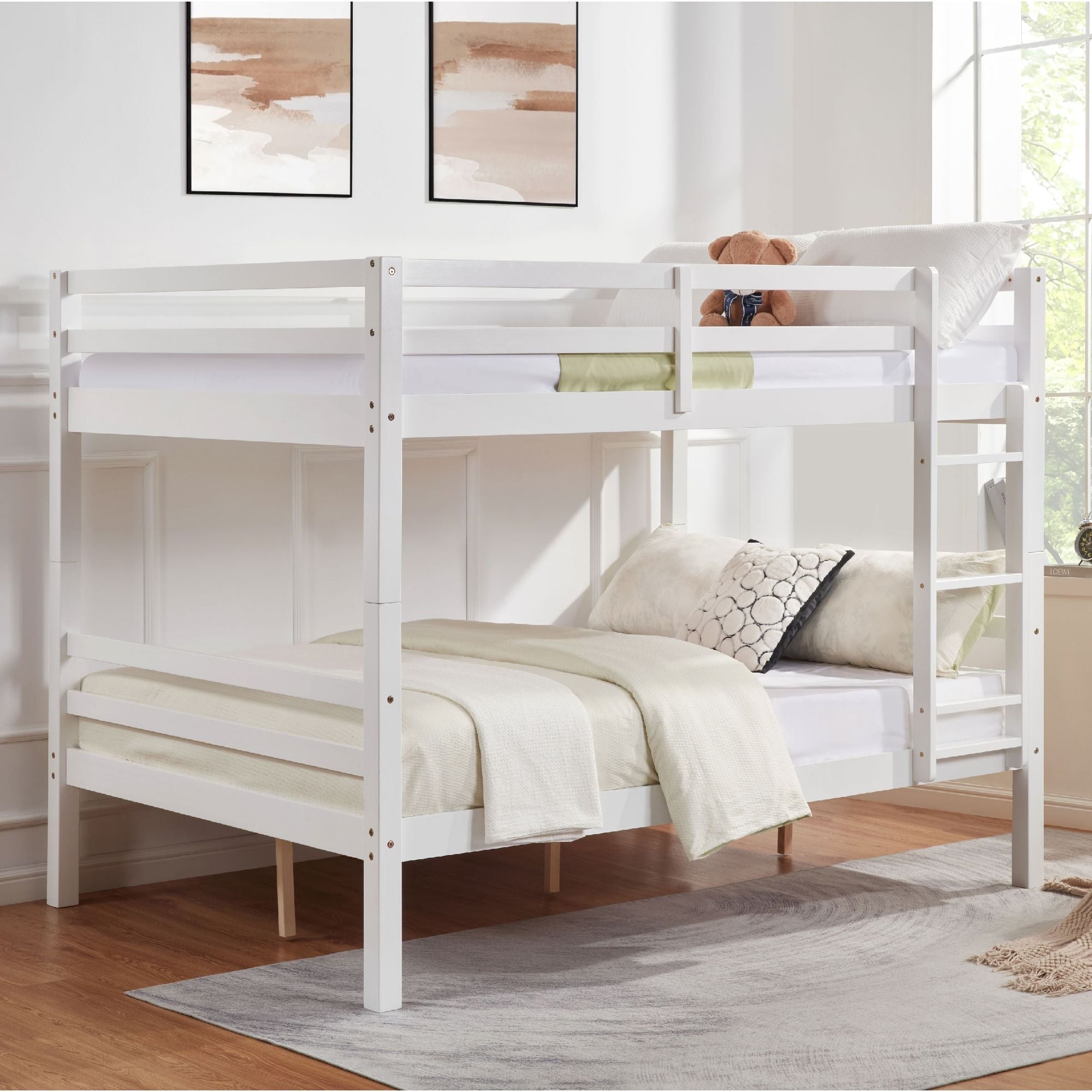 Kids Shared Room Full Over Full Wood Bunk Bed with High Guardrail Ladder White | Just Better Bunk Beds - Front View