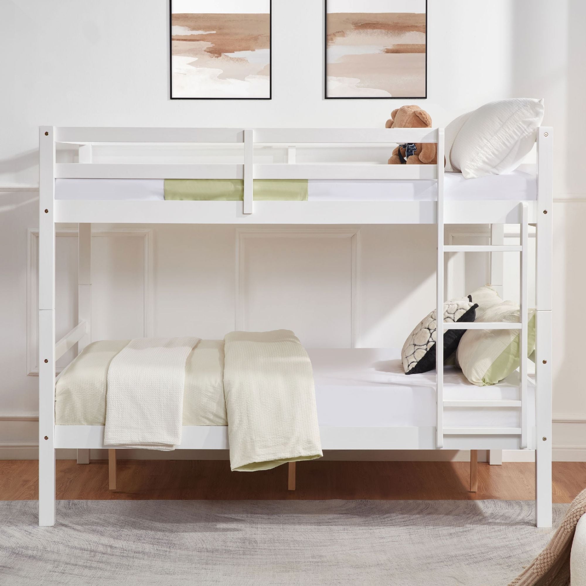 Kids Shared Room Full Over Full Wood Bunk Bed with High Guardrail Ladder White | Just Better Bunk Beds - Side View