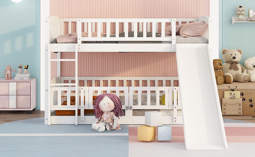 Kids Shared Room Full Over Full Wood Bunk Bed with Slide, Safety Fence, Ladder in White | Just Better Bunk Beds - Detail View