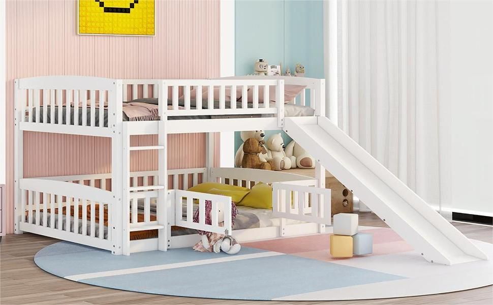 Kids Shared Room Full Over Full Wood Bunk Bed with Slide, Safety Fence, Ladder in White | Just Better Bunk Beds - Assembly View