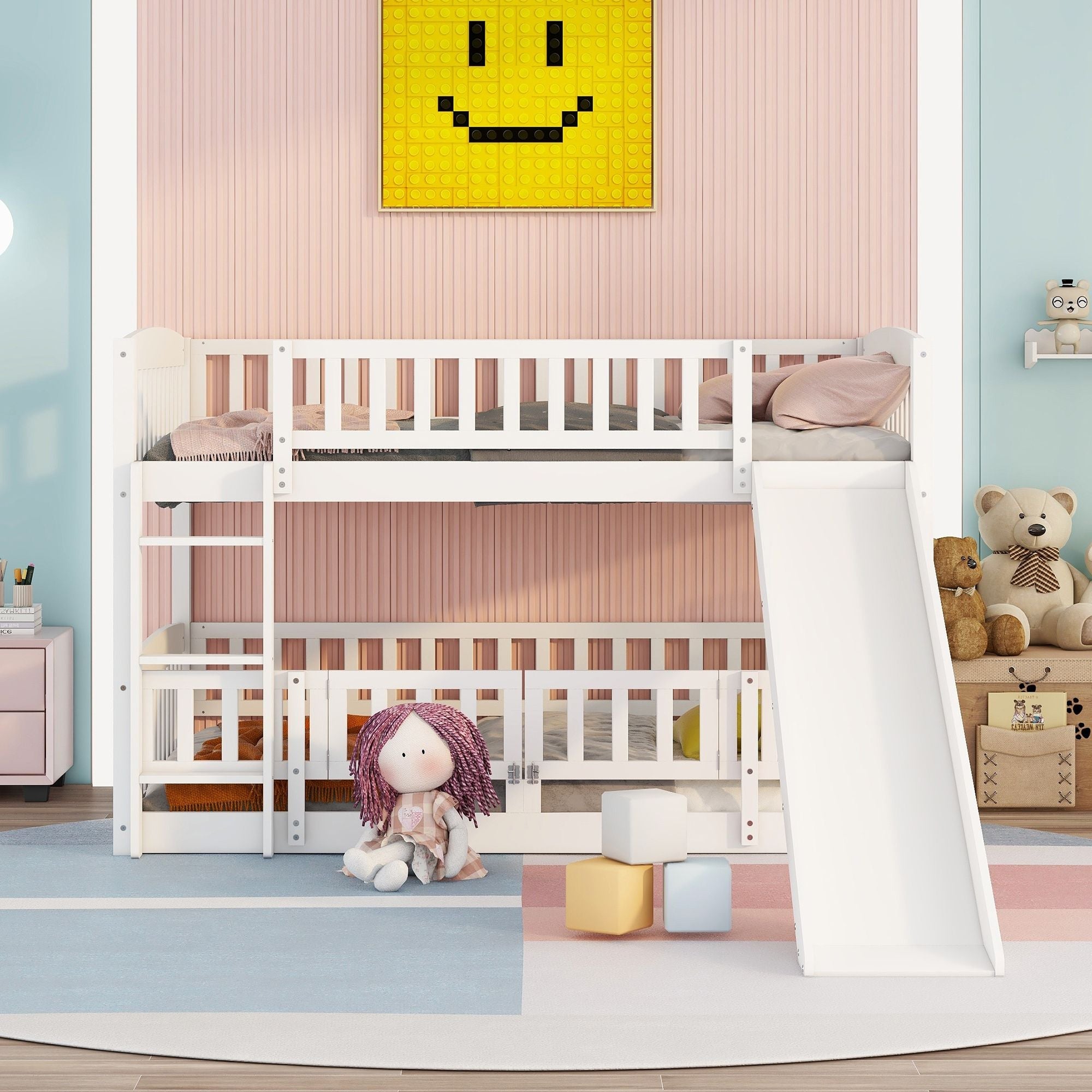 Kids Shared Room Full Over Full Wood Bunk Bed with Slide, Safety Fence, Ladder in White | Just Better Bunk Beds - Side View